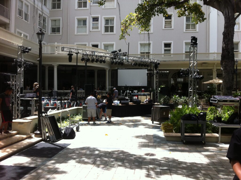Our tech crews set up for the Jimmy Borges / Melissa Manchester show at the Moana Surfrider Oahu